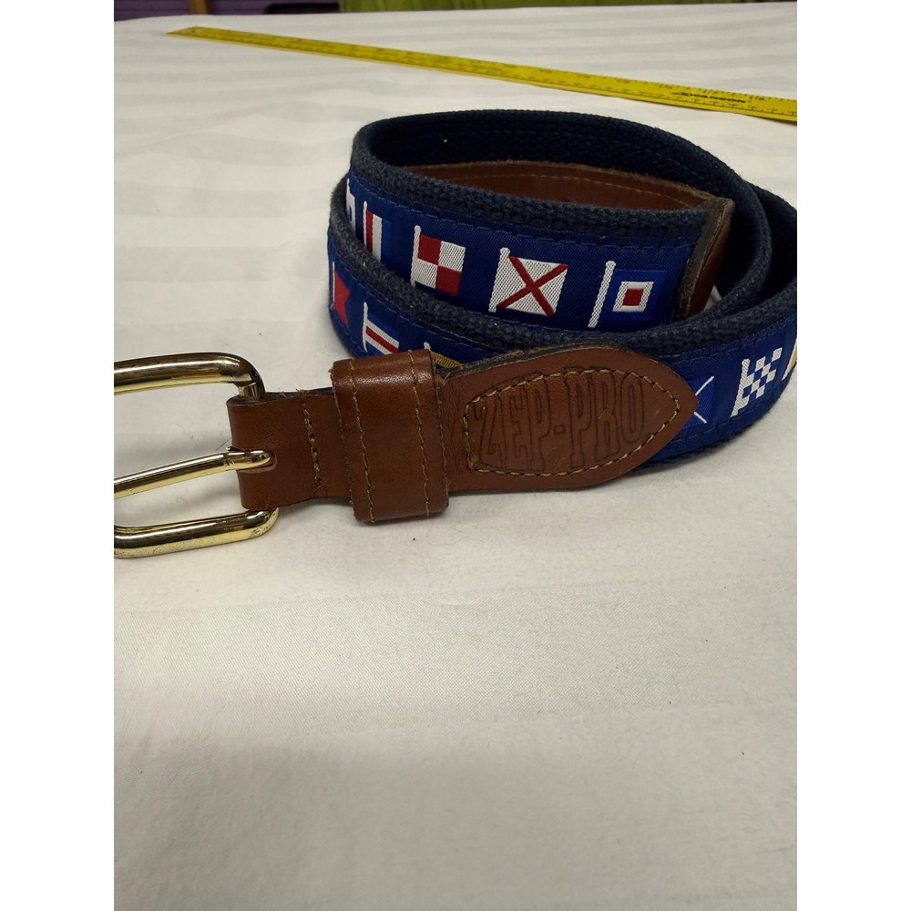Zep-Pro Mens Nautical Signal Flag Belt Navy Blue Leather Brass Size 38 USA